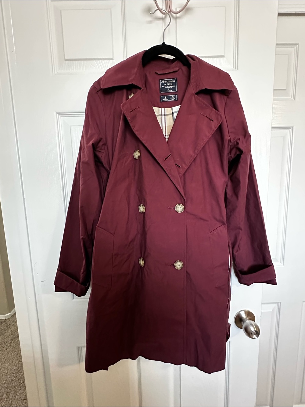 Abercrombie & Fitch Burgundy Double-Breasted Trench Coat Size Small - Picture 7 of 12
